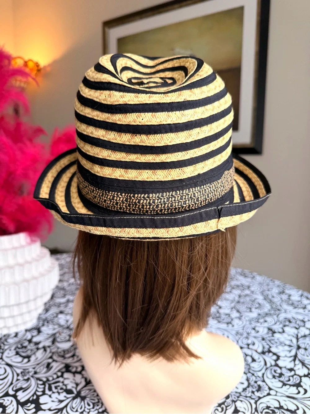Calvin Klein Black Tan Striped Woven Fedora Hat